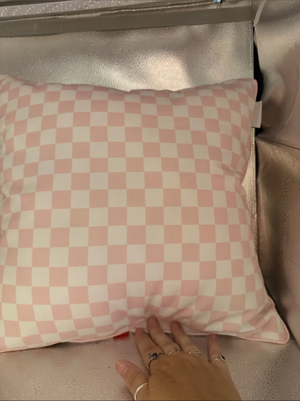 Spoon flower Cherry Print and Pink and white checkered on the Back